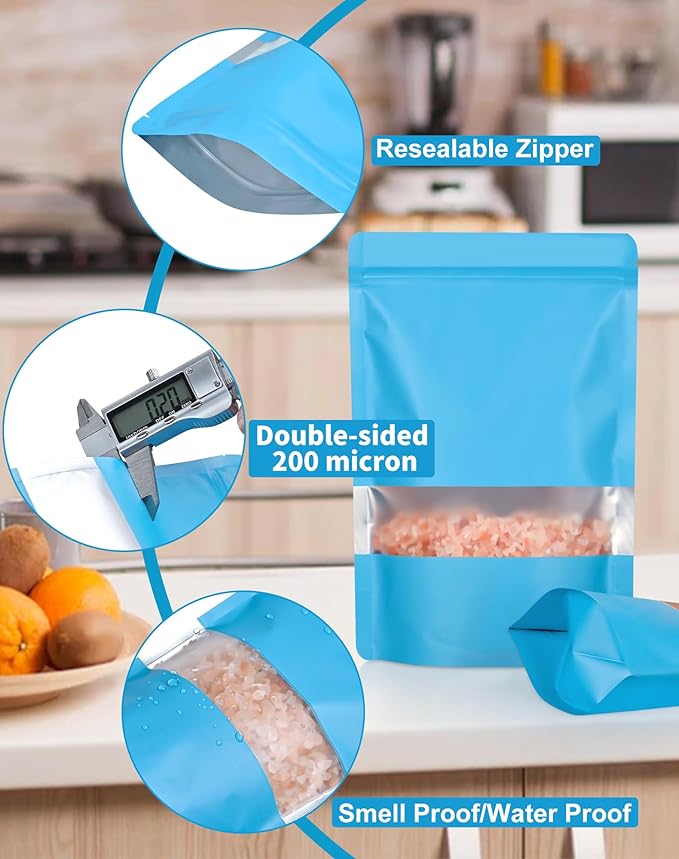 FireKylin 100 Pack Smell Proof Bags, Resealable Bags with Matte Window, Foil Pouch Stand Up Sealable Bags for Packaging（Blue,3.5" x 5.1"）