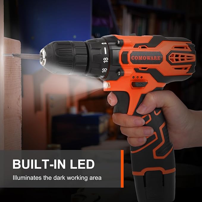 COMOWARE Cordless Drill Set, 12V Power Drill with Battery & Charger, 3/8" Keyless Chuck, 23Pcs Driver Bits Orange Storage Bag included