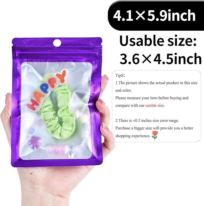 100 Pack Resealable Plastic Bags for Food Storage, Zipper Bags with Clear Front Window, Packaging Pouch for Small Business (Purple, 4.1x5.9 inch)