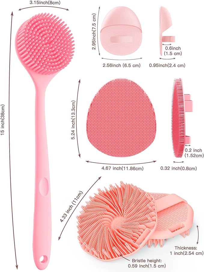 Manmihealth Silicone Back Scrubber & Soft Bath Glove Set 4 PCS(Thick Bristles), Super-Exfoliating Body Scrubber & Super-Lathering Shower Brush Combination, with 2 Free Hooks (Pink)