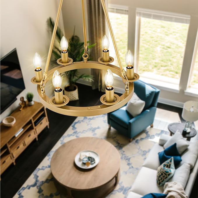 Wagon Wheel Chandelier, 6-Light Gold Modern Rustic Farmhouse Chandelier Adjustable Height Pendant Kitchen Light for Ceiling Hanging Dining Room, Living Room, Entryways, Foyer