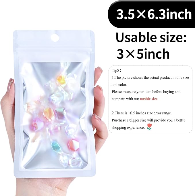 100 Pack Resealable Plastic Bags for Food Storage, Zipper Bags with Clear Front Window, Packaging Pouch for Small Business (White, 3.5x6.3 inch)