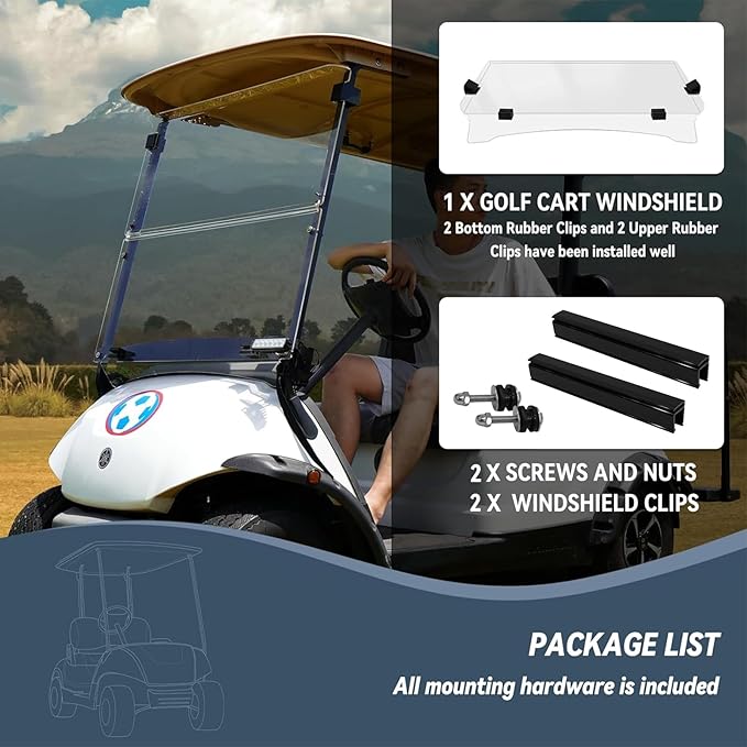 Golf Cart Windshield for EZGO/Club Car DS/Precedent/Yamaha Gas & Electric Models, 5MM Thicken Foldable, Clear Highly Transparent and Impact Resistant Acrylic