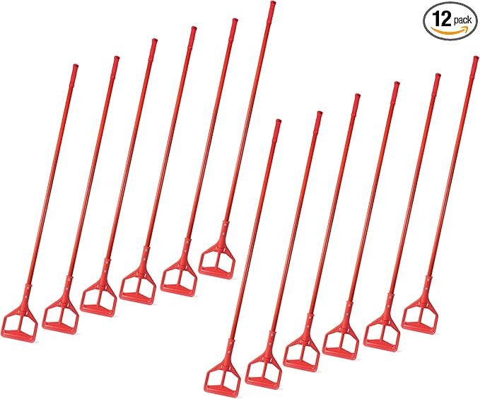 Matthew Heavy Duty Screw Clamp Mop Handle 60 inch Fiberglass Mop Stick,Commercial Mop Head Replacement Holder for Floor Cleaning,Quick Change for Wet Mop Handles w/Roller - 12Pack Red