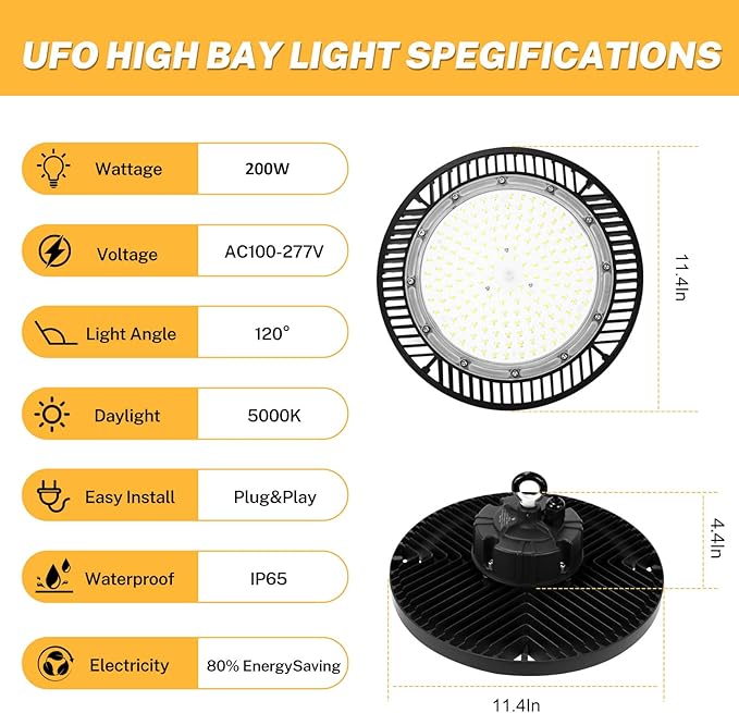 Super Bright 200W UFO LED High Bay Lights 30000Lm 5000K Daylight AC100-277V Play& Plug&5ft Cable High Bay LED Shop Lights for Warehouse Workshop Gym Garage Barn 8 Pack