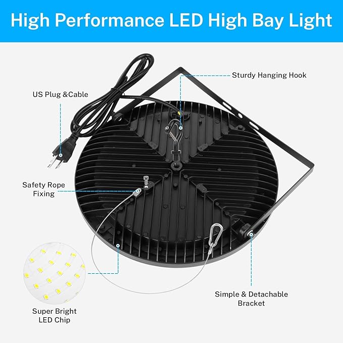 10Pack 200W LED High Bay Light Super Bright 28000 LM with US Plug 5ft Cable 100V-277V,5000K,Waterproof, LED Shop Light Fixture for Warehouse Workshop Garage Lighting Fixture, FCC Listed