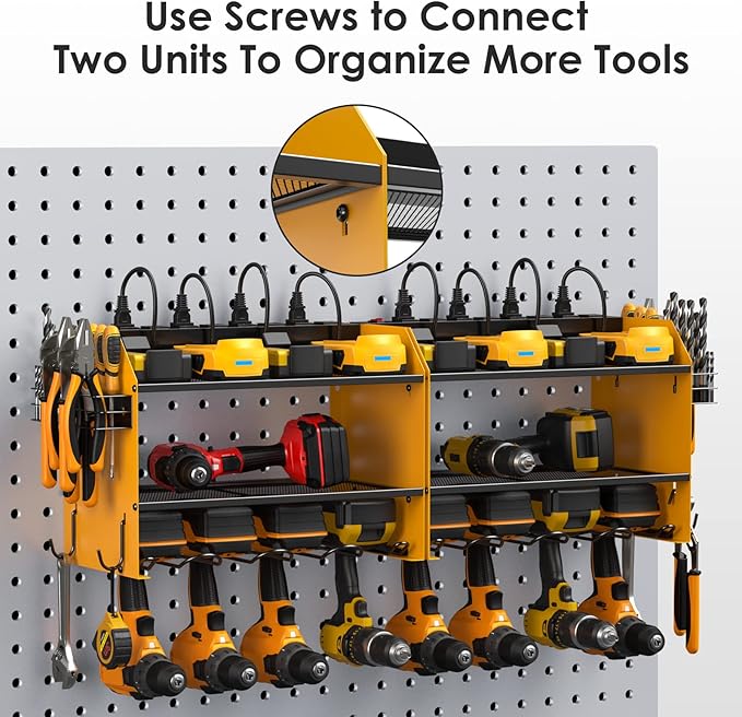 CCCEI Modular Power Tool Organizer Wall Mount with Charging Station. Garage Drill Storage Shelf with Hooks, Heavy Duty Rack, Tool Battery Holder Built in 8 Outlet. Gift for Men. Yellow.