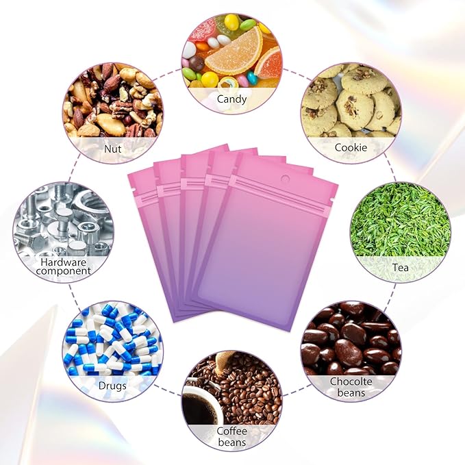 Funfery 100 Pcs Resealable Smell Proof Bags for Food Storage,Clear Cute Mylar Bags for Small Business Foil Pouch Zipper Packaging Bag for Sample Jewelry Eyelash Gloss(Pink Purple,5.9×8.6in)