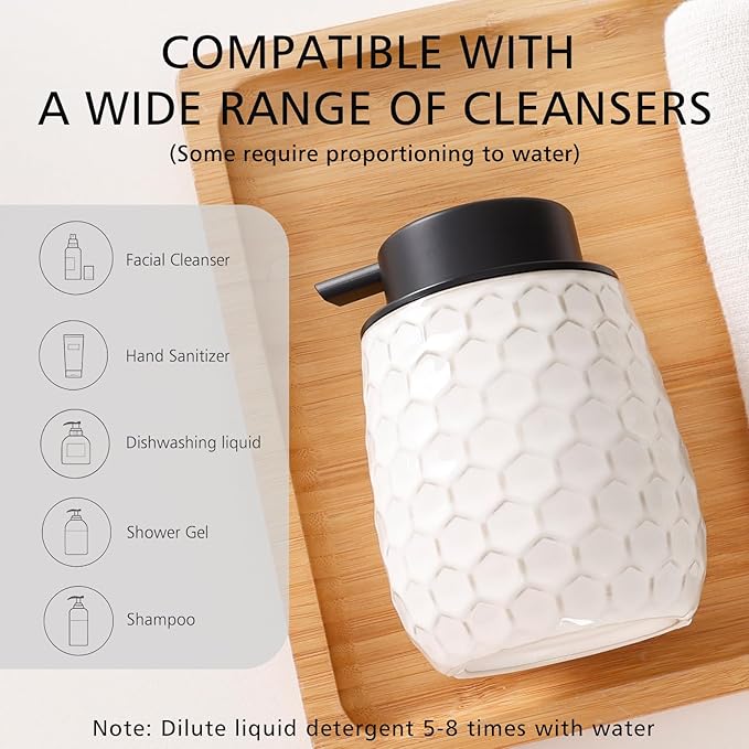 Foaming Soap Dispenser, 13OZ Ceramic Foam White Hand Soap Dispenser with Honeycomb Design for Kitchen or Bathroom, Refillable Dish Lotion Dispenser, ANTIS'S HOME