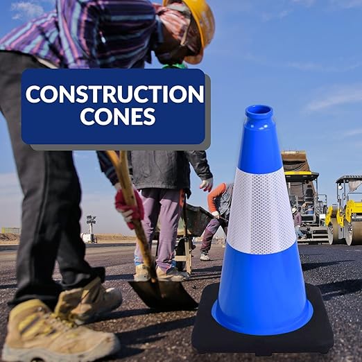 BESEA 4Pack 18 Inch Blue Traffic Cones with 6 Inch Reflective Collar, Heavy Duty PVC Safety Cones with 10.5 x 10.5 Inch Base for Parking, Driving Practice, Sports Training, and Construction