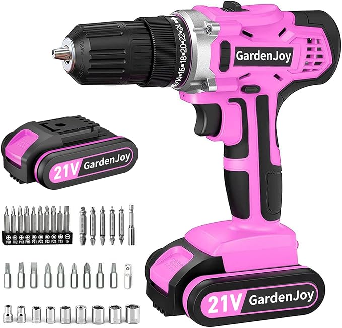GardenJoy 20v Cordless Drill Set, Power Electric Kit Battery With Charger 30Nm 2-Speed 3/8" Keyless Chuck 24+1 Position Drill Driver screwdriver Bits with LED Electric Work Light Women DIY