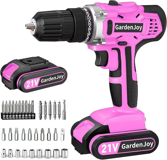 GardenJoy 20v Cordless Drill Set, Power Electric Kit Battery With Charger 30Nm 2-Speed 3/8" Keyless Chuck 24+1 Position Drill Driver screwdriver Bits with LED Electric Work Light Women DIY