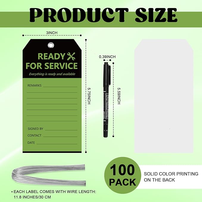 100PCS Ready for Service Tags 3" x 5 3/4" Service Repair Tags with Wire Service Tags for Equipment Black and Green Service Tags for Required Examination Production Status Notice Tags Cardstock