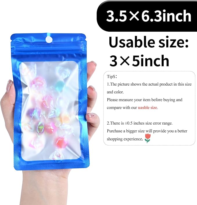 100 Pack Resealable Plastic Bags for Food Storage, Zipper Bags with Clear Front Window, Packaging Pouch for Small Business (Blue, 3.5x6.3 inch)