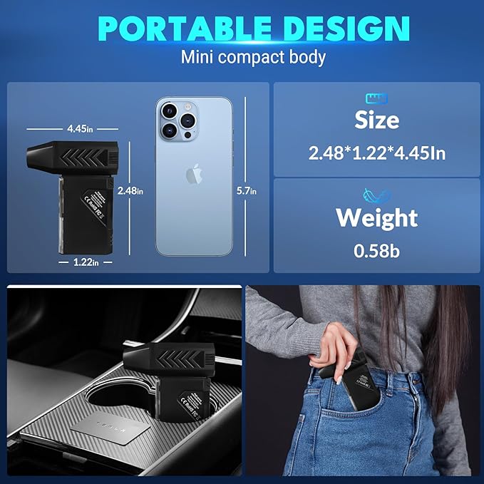 Violent Turbo Fan，Mini Electric Compressed Air Duster & Vacuum Cleaner,130000RPM Portable Rechargeable Cordless Handheld Air Blower with LED Light for PC, Outdoor, House, Car,8000mAh