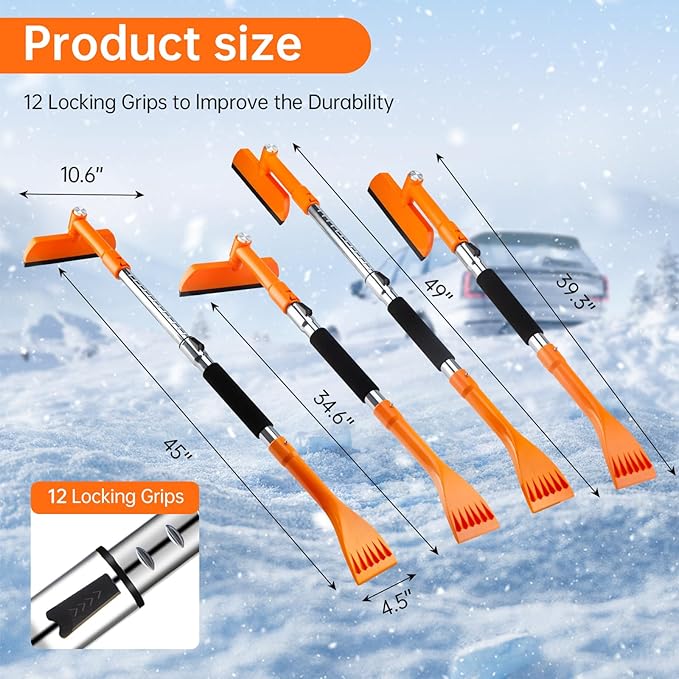 49.2inch Ice Scraper with Snow Brush, Ice Scrapers for Car Windshield,Extendable Snow Removal Tool for Car Window with Foam Grip,360° Silicone Brush Head for Car Auto Truck SUV (Orange)