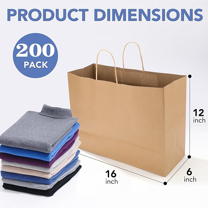 XPCARE 200Pack Large Paper Gift Bags with Handles Bulk,16x6x12 Inch Kraft Bag Packaging Brown Paper Bags for Birthday Party Boutiques Business Retail Stores Merchandise