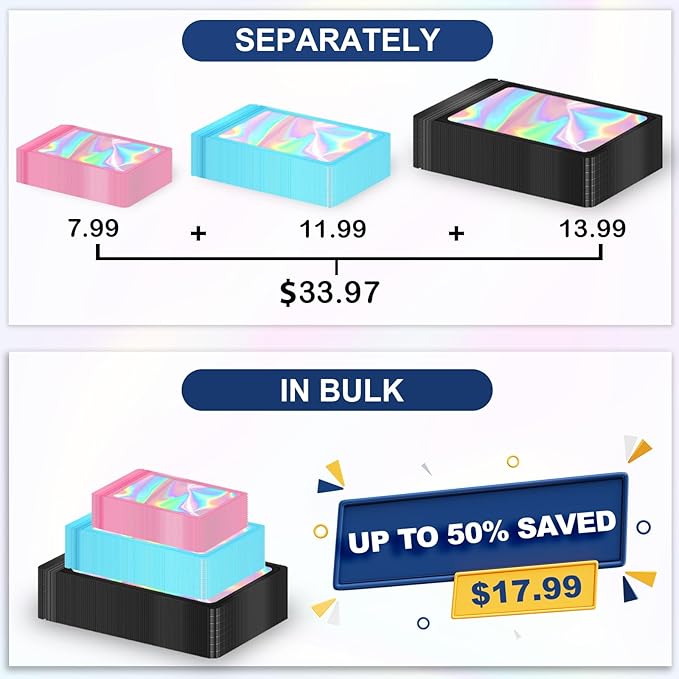 300 Pcs Reusable Holographic Mylar Bags, 3 Sizes, Smell Proof, Airtight, Multi-layered Polyethylene (PE) with Zipper Closure, Red Yellow