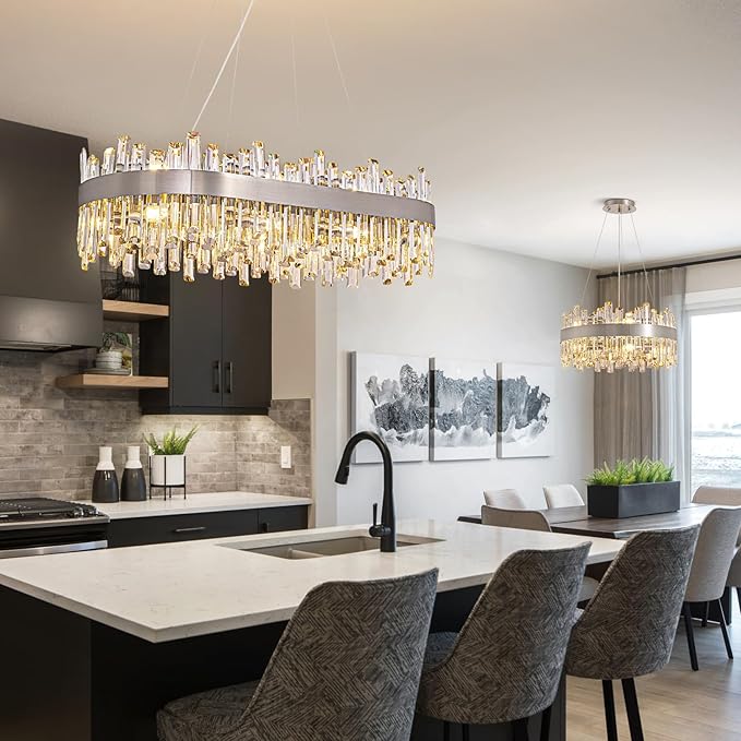 Siljoy Rectangular Crystal Chandelier for Dining Room, 16 Lights Modern Chrome 2-Tiers K9 Crystal Raindrop Chandelier Oval Dimmable Pendant Ceiling Light for Kitchen Island Bar L35.4 Inch