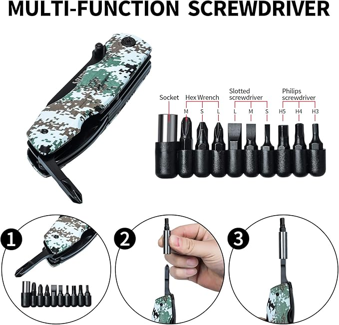 Multitool Pocket Knife Set for Men, Multipurpose 9-in-1 screwdriver kit, Multi Tool Pliers with Nylon Sheath for Camping, Christmas Stocking Stuffers Gifts for Dad Husband, Camo