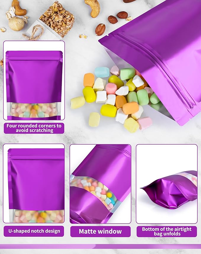 FireKylin 100 Pack Smell Proof Bags 7.9" x 11.8", Resealable Bags with Matte Window, Foil Pouch Stand Up Sealable Bags for Packaging(Purple)