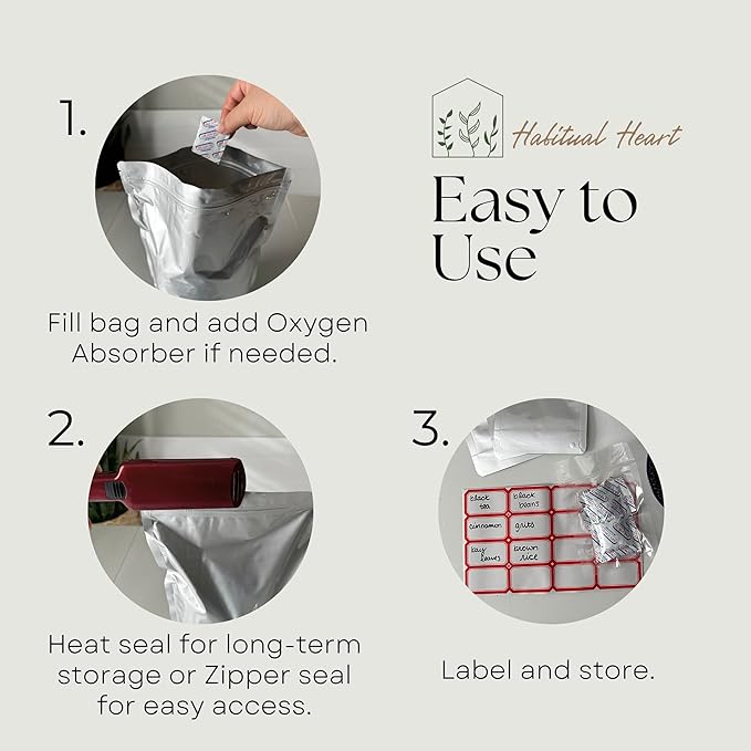 Mylar Bags for Food Storage 100 Stand Up 9.5mil Thick 130 Oxygen Absorbers 300cc Airtight Packaging for Emergency Food Supply Heat Sealable Zipper Resealable 1 Gallon Quart 1/2 Pint