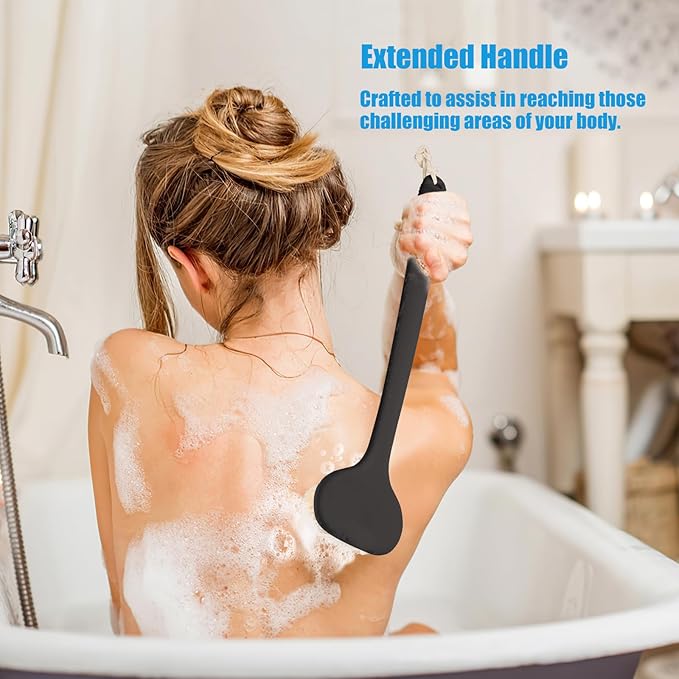VANZAVANZU Back Scrubber for Shower, Bath Brush with 17-Inch Long Anti-Slip Handle, Wet and Dry Brushing Body Brush for Body Cleansing, Back Brush for Men and Women (Jet Black)