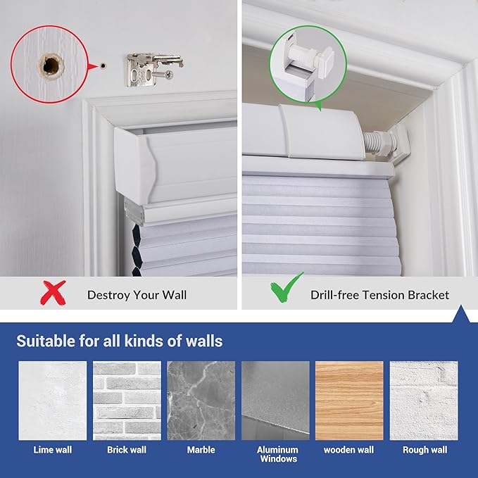 No Drill No Tools Cellular Shades Top Down Bottom Up Blackout Blinds for Windows Cordless Honeycomb Window Shades Easy to Install for Home, Blackout-White, 29.5" W x 64" H