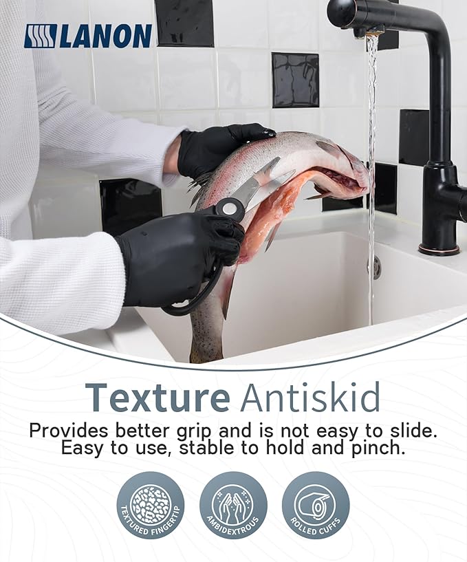 LANON Protection Food Safe Disposable Nitrile Gloves, Latex-Free, Powder-Free, Silicone-Free, Textured Fingertips, Cooking, Black,Small