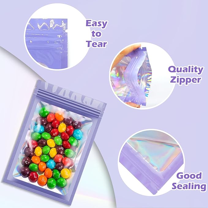 300 Pcs Holographic Mylar Bags, 3 Size Smell Proof Bags with Clear Window Foil Pouch Bags Resealable Bags for Small Business and Food Storage, Purple