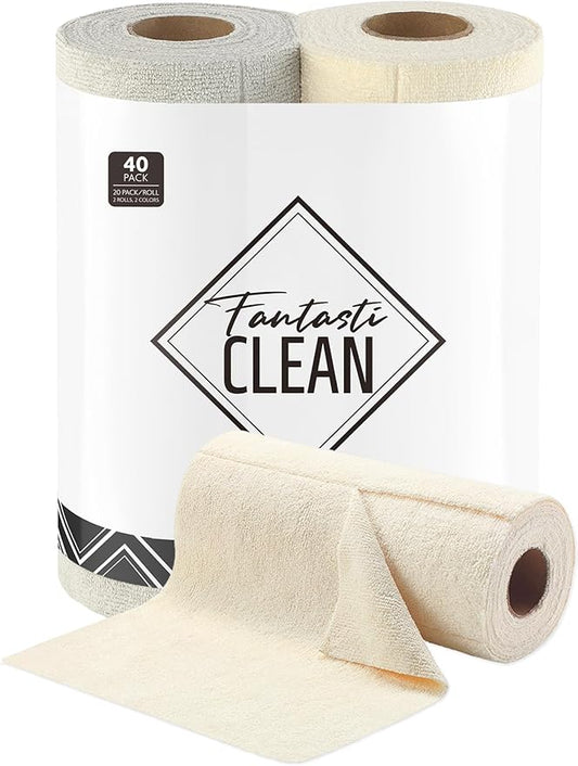 Fantasticlean Tear-Away Dish Cloth - 40 Sheets - 10'' by 10'', Reusable Washable Kitchen Towel Rolls, Super Absorbent and Thick Microfiber Cleaning Cloths (2 Rolls of Beige,Grayish)