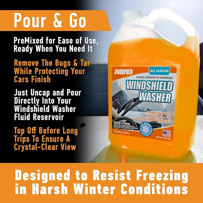 ABRO Car Windshield Washer Fluid: 1 Gallon, All Season/Weather Vehicle Window Cleaner | Streak-Free Clean | Bug and Tar Remover for Cars - 2 Pack