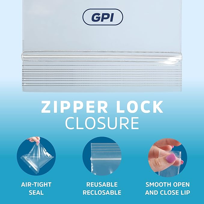 GPI - 10" x 13" Zip Bags, 200 Count, Clear Plastic Reclosable Zipper Poly Baggies, with Resealable Zip Top Lock. for Freezer, Apparel, Clothing, Food, Home & Office Supplies.