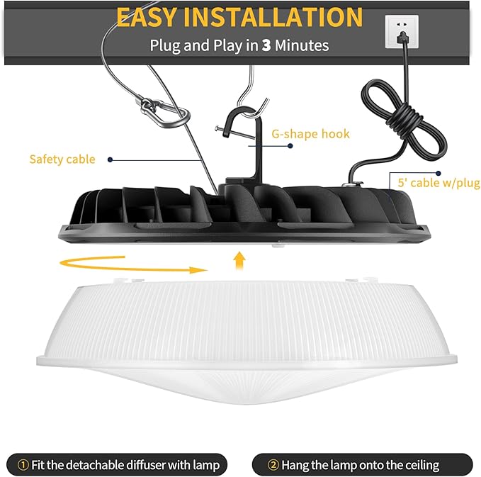 155W UFO LED High Bay Light with Reflector 22,500lm 5000K LED High Bay Lights AC110-277V 5' Cable with Plug Waterproof UFO Lights for Garage Shop Factory Warehouse ETL Listed
