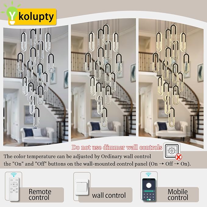 H138 Large Chandelier for High Ceiling,Modern 16-Rings Crystal Chandeliers for Entryway,Black Pendant Light for Living Room,Foyer,Entryway LED Dimmable Staircase Chandelier