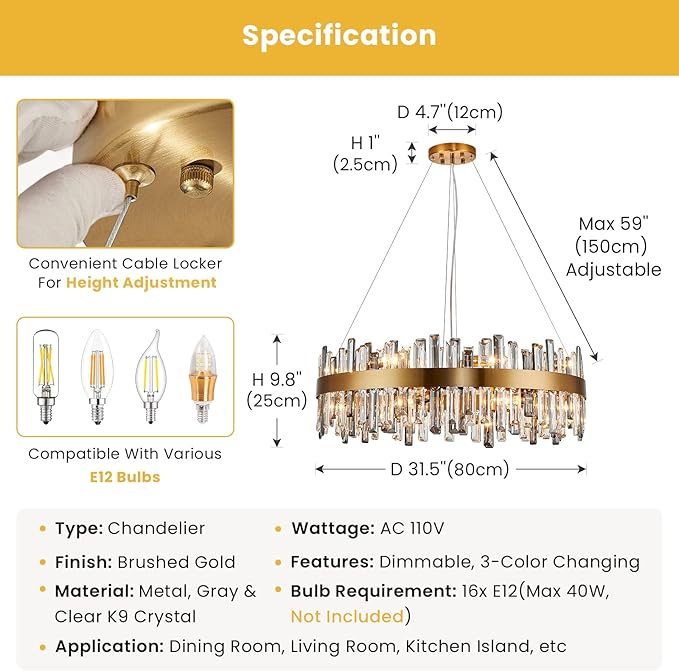 Siljoy 16 Lights Modern Crystal Chandelier Luxury Gold Round 2-Tiers Raindrop Crystal Chandelier Flush Mount Pendant Ceiling Light Fixture for Dining Room Living Room Entryway Foyer D31.5'' x H9.8''