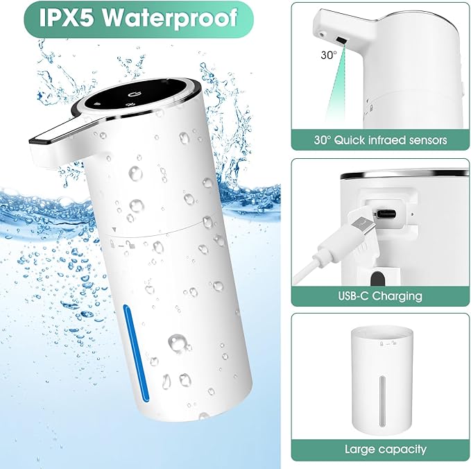 Touchless Automatic Liquid Soap Dispenser,2 Pack 13.5oz Smart Sensor Hand Wash Dispenser, USB Rechargeable & Adjustable for Bathroom Kitchen Sink, White