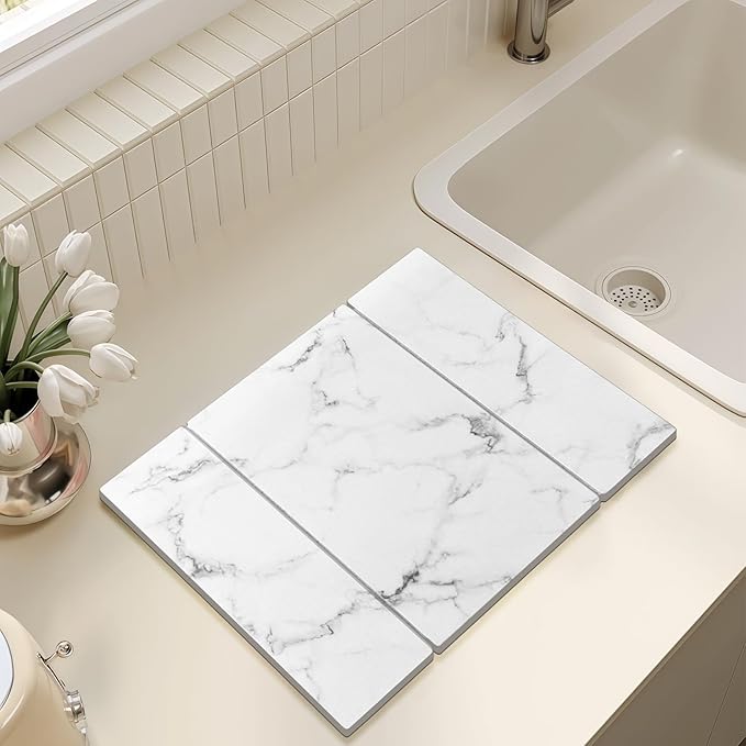 Large Stone Drying Mat for Kitchen Counter, 24"x16" Collapsible Quick Dry Dish Drying Mat, Water-Absorbent Marble Diatomaceous Earth Mats for Bottles Cups Dishes, Match Any Countertop