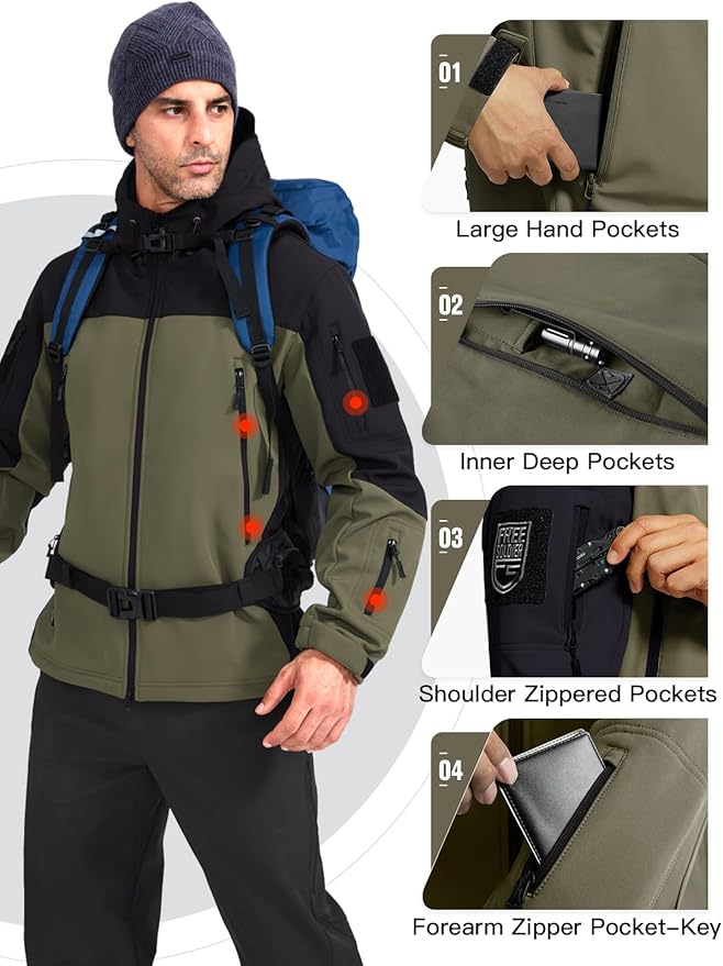 FREE SOLDIER Men's Outdoor Waterproof Soft Shell Hooded Military Tactical Jacket