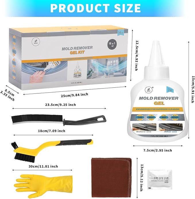 Household Stain Cleaning Gel Kit – 14 FL Oz / 10 in 1 Premium Cleaning Set – Thick Gel Formula for Washing Machine Seals, Tile Grout, Bathroom, Kitchen, Sink – Includes Brushes, Cloth & Gloves