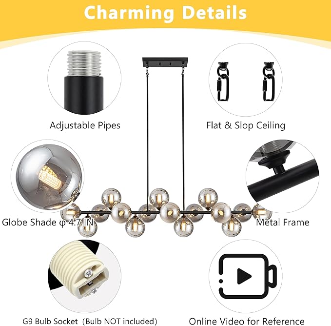 Chandelier,16-Light Large Pendant Lights Kitchen Island Black Linear Sputnik Chandelier Modern Chandeliers for Dining Room Bubble Gray Globe Island Lights for Kitchen Farmhouse Chandelier 55in