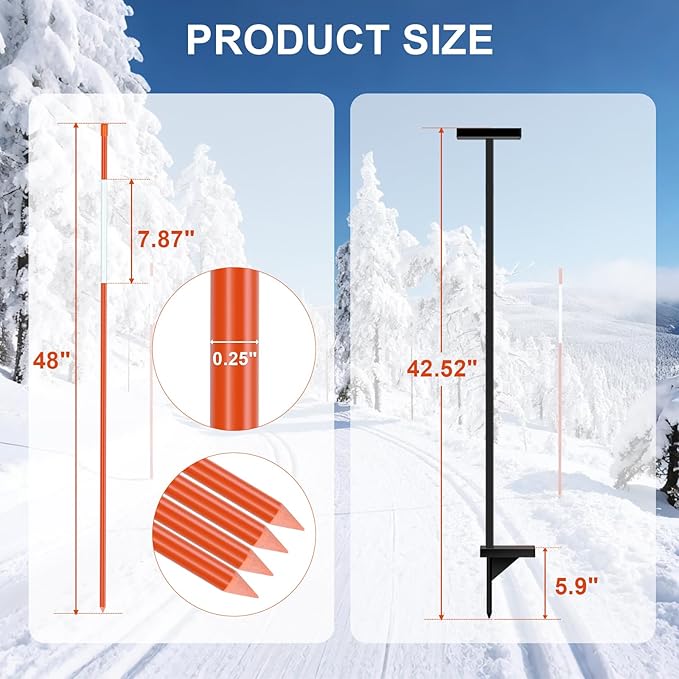 100PCS 48" Driveway Markers, 1/4 Inch Dia Reflective Driveway Poles with Installation Tool, Orange Fiberglass Snow Stakes with Reflective Tape for Parking Lots, Walkways