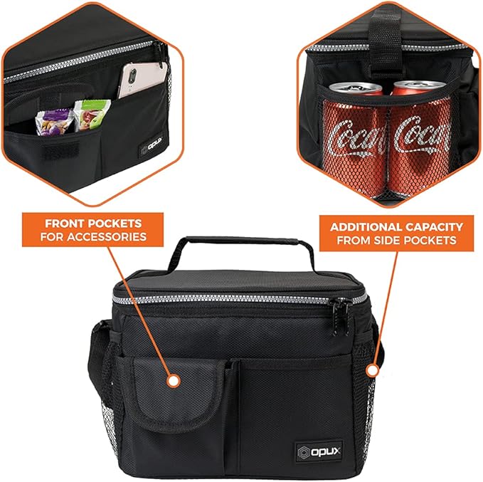 opux Insulated Lunch Bag for Men Women, Leakproof Black Lunch Box for Work, Portable Soft Lunch Cooler Bag with Shoulder Strap, Adult Lunchbox Lunch Pail for Kid Boy Girl School, 14 Can/8L
