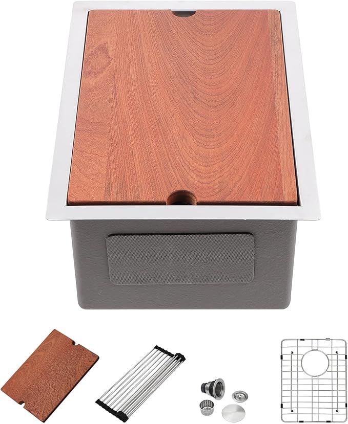 14 Undermount Bar Sink Workstation - Dcolora 14 Inch Stainless Steel Bar Prep Sink with Ledge Round Corner X Grooves Wood Cutting Board 16 Gauge Single Bowl RV Camper Kitchen Sink Basin