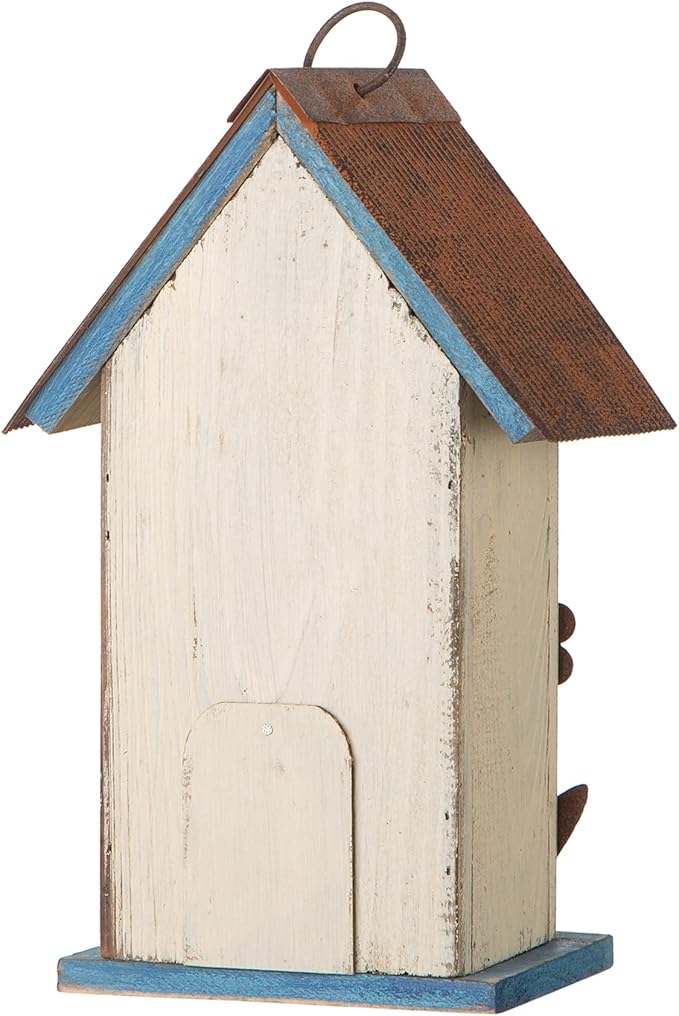 Glitzhome 10.2" H Hanging Bird House for Outdoor Patio Garden Decorative Birdhouse Pet Cottage Wooden Distressed Birdhouse, Flower Rustic White