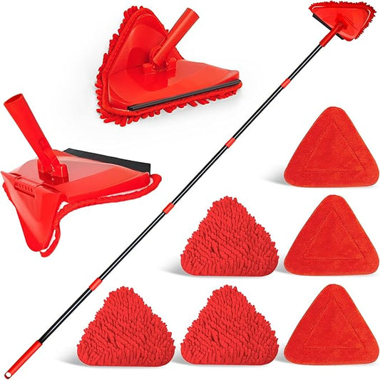 NEWE Wall Mop Cleaner with 80 inches Long Handle, 180° Folding Ceiling Cleaning Tool with Squeegee for Washing Painted Walls, Triangle Baseboard Scrubber with 3 Chenille Duster and 3 Microfiber Pads