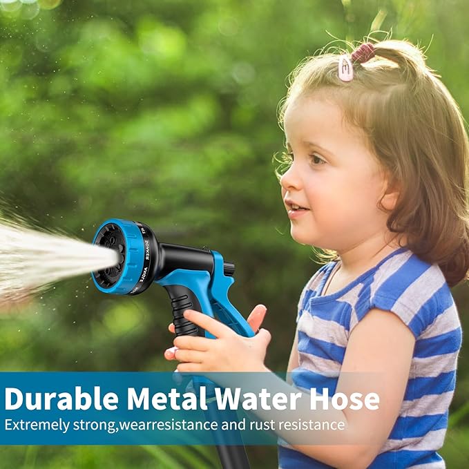Stainless Steel 75FT Garden Hose with 10 Functions, Adjustable Spray Nozzle, Flexible Durable No Kink Leak Dog Proof Metal Water Hose for Yard Lawn