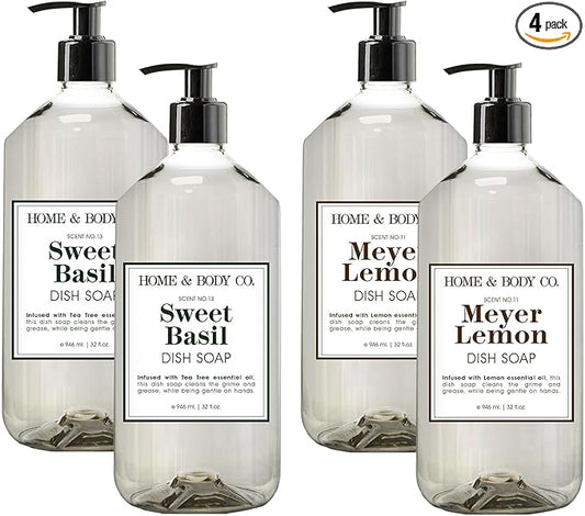 Home & Body Co. Sweet Basil and Meyer Lemon Dish Soaps, 32 fl oz, Set of 4