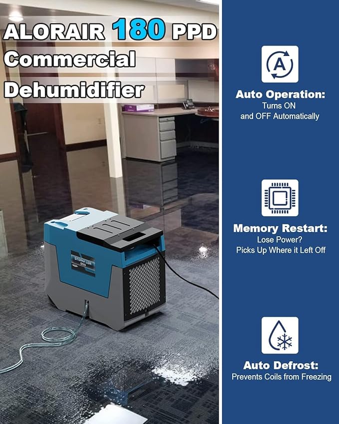 AlorAir 180 PPD LGR Commercial Dehumidifier with Pump, 28 Gallons Heavy Duty Industrial Water Damage Restoration Dehumidifier, for Homes Basements, Garages, and Job Sites, Blue
