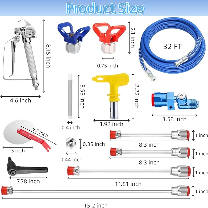 22PCS Airless Paint Sprayer Gun Kit, 3600 PSI Spray Gun with 32FT Hose,6 Reversible Tips (211/313/415/515/517/623), 4 Extension Rods, 2 Nozzle Seats, 6 Filters& Guide Tool, Indoor/Outdoor